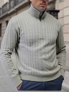 Manfinity Homme Áo len dài tay họa tiết cáp cỡ lớn dành cho nam, có khóa kéo, thường ngày, thu/đông - Màu Xám nhạt - Xem 5