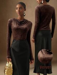 Lyxana Striped Velvet Drape Neck Long Sleeve Elegant Party T-Shirt For Women - Coffee Brown - View 1