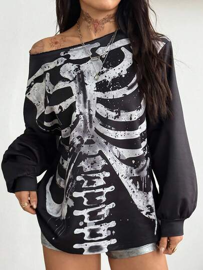 Coolane 女士秋季街头服饰外出基本款复古 Y2K 哥特万圣节服装长袖露肩黑色 T 恤