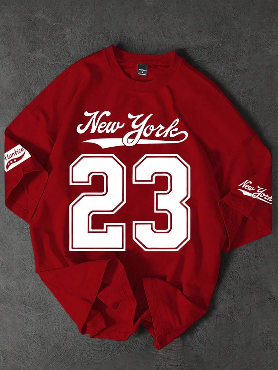 PAVTROS 男士休閒 #23 印花圓領短袖修身 T-shirt,紐約球衣風格,Y2K 足球風 - 紅色 - 查看 1