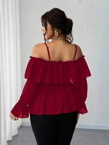 Elenzga Plus Size Women's Red Off-Shoulder Ruffle Long Sleeve Chiffon Blouse - Burgundy - View 2