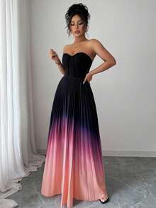 Elenzga Gradient Color Elegant Romantic Ruched Waist A-Line Hem Strapless Dress For Women