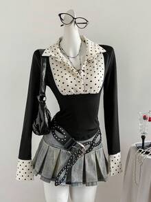 Sweetra 新款秋季波点拼接修身休闲通勤长袖女衬衫 - 黑色 - 查看 1