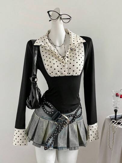 Flirla New Autumn Polka Dot Patchwork Slim Fit Casual Commuter Long Sleeve Blouse For Women