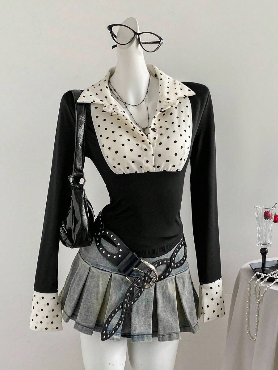 Sweetra 新款秋季波点拼接修身休闲通勤长袖女衬衫 - 黑色 - 查看 1