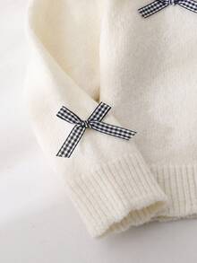 Genkimix Kids 女孩可爱白色毛衣，开衫针织衬衫，荷叶边彼得潘领，圆领拼接长袖，格子蝴蝶结装饰纽扣前开衫，甜美纯色毛衣 - 白色 - 查看 4