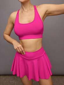 Activina 女士纯色短款上衣吊带背心和口袋运动短裙短裤套装适合所有季节健身女士套装 - 玫紅色 - 查看 7