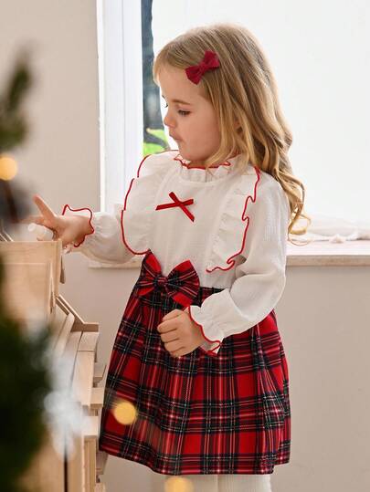 SHEIN Baby Girls' Floral Patchwork Plaid Dress With 3D Bow, Casual Daily Cute Elegant Retro Vacation Outfit