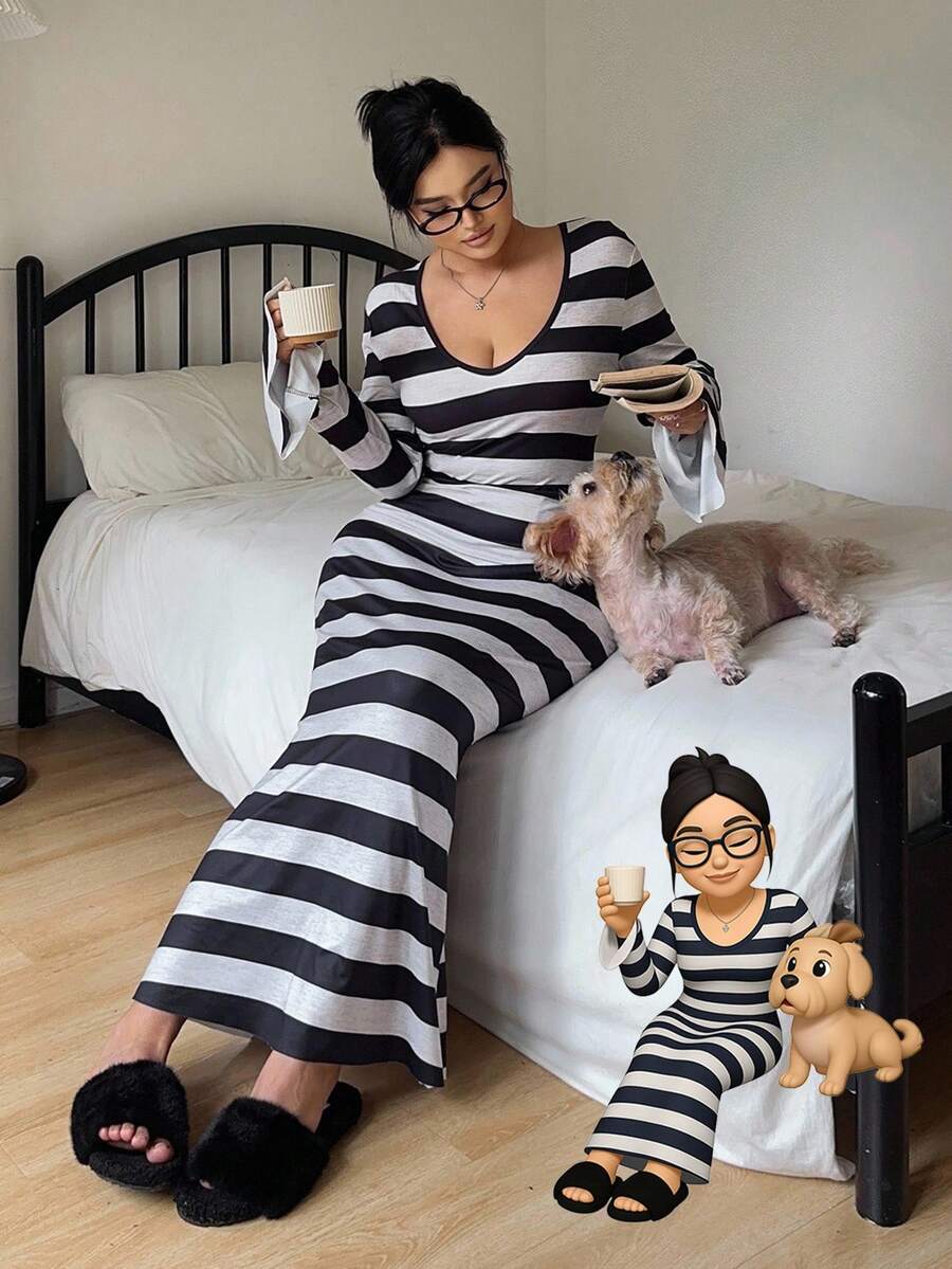 Flirla 大码女式条纹印花深V领长袖派对连衣裙 - 黑與白 - 查看 1