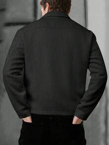 Manfinity Homme 男士休闲拉链夹克，复古风格，适合秋冬季节、日常休闲、周末旅行、户外活动、探险旅行、轻松的工作环境或半正式场合，也是送给男友/丈夫的礼物，周年纪念礼物。男士拉链夹克，男士长袖夏季夹克，男士衬衫式夹克，休闲圣诞外套 - 黑色 - 查看 2