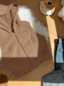 Comfortcana 女士纯色前拉链无袖休闲连帽外套，秋冬保暖服装；女士棕色连帽背心无袖开衫，大地色系服装；棕色背心
