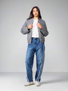 MISSGUIDED 羊毛圈绒飞行员夹克，舒适保暖，适合秋冬季穿着，休闲短款，罗纹饰边，时尚街头风，日常经典灰色，质地柔软。 - 灰色 - 查看 3