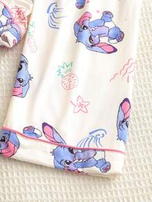 女孩柔软舒适休闲睡衣套装，可爱卡通长耳兔全身印花，时尚翻领开衫长袖和裤子两件套家居服 - 杏色 - 查看 5