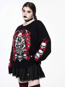 ROMWE Gothic Christmas Holiday Skull & Demon Pattern Jacquard Knit Plus Size Sweater For Women - Multicolor - View 5