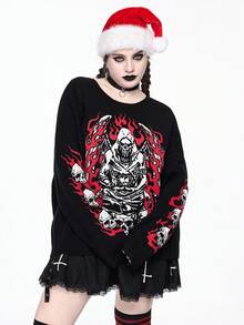 ROMWE Gothic Christmas Holiday Skull & Demon Pattern Jacquard Knit Plus Size Sweater For Women - Multicolor - View 7