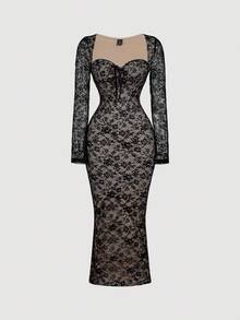 SHEIN MOD 女式纯色蕾丝修身优雅长袖美人鱼连衣裙