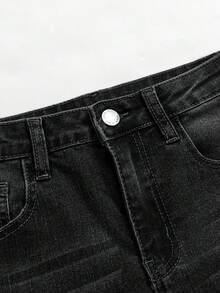 SHEIN 青少年男孩时尚休闲 Y2K 复古酷蓝可水洗设计舒适弹力修身牛仔裤柔软日常穿着，适合春夏秋季锐舞音乐节和海滩街头服饰，校园街头风牛仔裤，男童黑色牛仔裤 - 黑色 - 查看 5