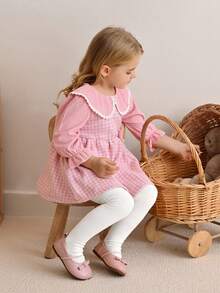 SHEIN Baby Girl Houndstooth Print Peter Pan Collar Cute Dress, Spring/Autumn - Pink - View 3