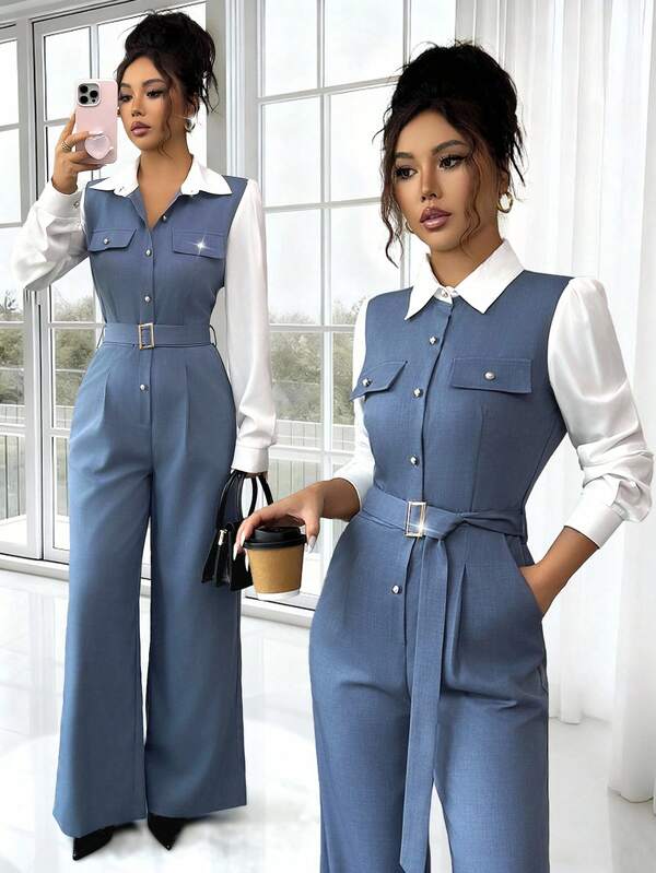 Elenzga Women's Elegant French Style Unique Gorgeous Hazy Blue Linen Design Patchwork Waist Cinched Waist Collared Open Front Puff Sleeve High Waist Wide Leg Jumpsuit, Casual Commuter Outfit For Autumn