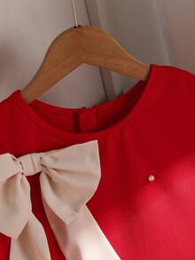 青少年女孩圆领无袖蝴蝶结装饰珍珠铆钉撞色褶皱荷叶边下摆连衣裙 - 紅色 - 查看 8