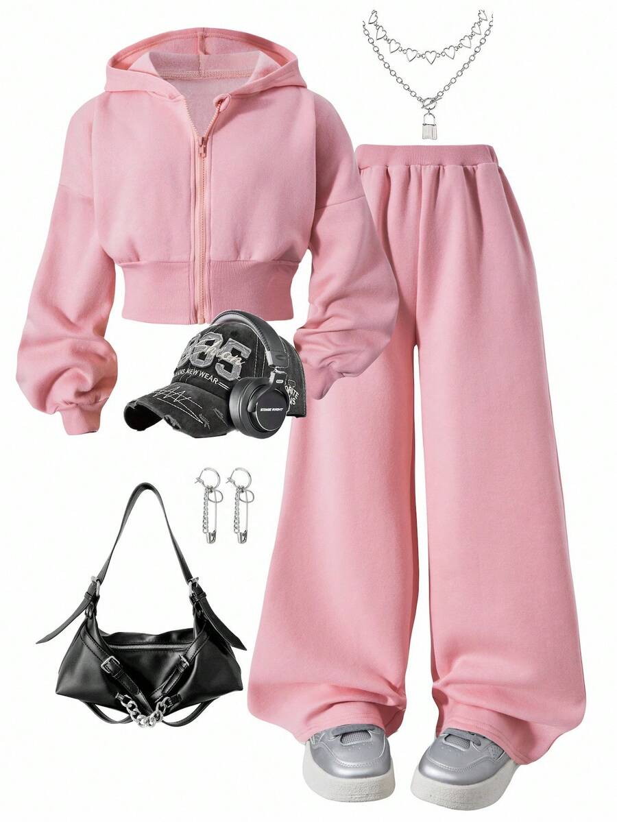SHEIN 2pcs/Set Girls' Floral Gray Waist Drawstring Fleece Sweatshirt & Loose Fit Pants Casual Sports Outfit, Autumn/Winter - Pink - View 1