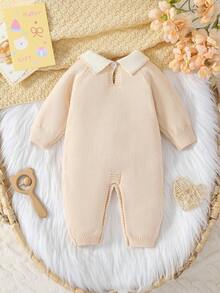 SHEIN Vintaside Kids 女婴针织高领长袖连体衣，秋冬舒适，米色，百搭日常穿着，可爱的荷叶边领口设计，优雅时尚，适合居家、外出、旅行、上学、托儿所 - 杏色 - 查看 2