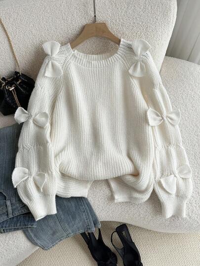 Firerie Suéter casual de cuello redondo de unicolor con manga abullonada con lazo para mujer, suéter de punto blanco, suéter blanco con manga de lazo para otoño/invierno