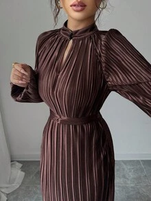 SHEIN Elenzya Women's Chocolate Brown Pleated Autumn Elegant Tea Party Dress, Stand Collar Cinched Waist High-End Loose Big Swing Niche Birthday Gift Date Party Ball - Coffee Brown - View 4