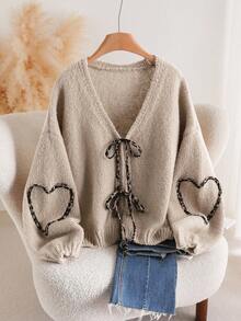 CosyJoli Brown Plus Size Women Tie-Front Knot Cardigan In Fall/Winter - Apricot - View 6