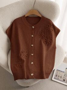 CosyJoli Plus Size Casual Handmade 3D Flower Batwing Sleeve Cardigan Brown - Brown - View 3