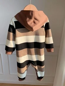 SHEIN 新生儿男女通用卡其色条纹卡通熊连帽连体衣，秋冬季婴儿服装，男婴服装，棕色摩卡色婴儿服装，秋冬季婴儿服装 - 彩色 - 查看 2