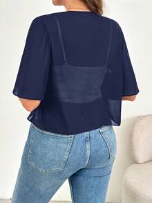 SHEIN Essnce Áo khoác cardigan tay ngắn bằng chiffon dáng rộng, thoải mái, thoáng mát, thoáng khí dành cho nữ cỡ lớn, thích hợp mặc hàng ngày vào mùa xuân và hè, áo khoác chống nắng, áo đi biển, áo kiểu dự tiệc. - Màu xanh hải quân - Xem 2