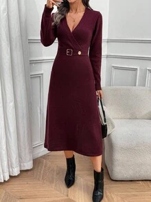 EMERY ROSE Women's Elegant Commuter Solid Color Belted Knit Dress, Autumn/Winter