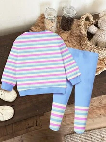 SHEIN 女婴休闲针织柔软厚圆领长袖运动衫和紧身裤套装，适合户外野餐、街头风格、家居和校园，秋冬季