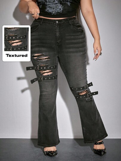 Plus Size Women Gothic Style Distressed Asymmetrical Ripped Jeans, Plus Size Women Gothic Lace-Up Flare Jeans, Plus Size Women Street Style Denim Bottoms For Autumn