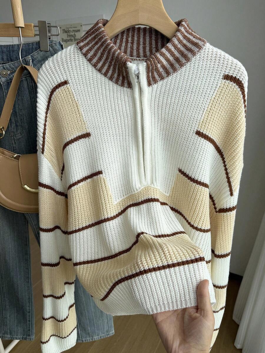 Teen Girl Colorblock Turtleneck Sweater, Casual Loose Fit Knitted Pullover Top, Autumn/Winter 2025 European And American Style - Apricot - View 1