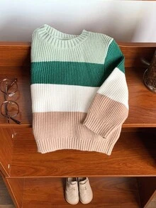 SHEIN Suéter de bloques de color verde y caqui para bebé niño/niña, suéter unisex lindo para niños, ropa de invierno para bebé, mi primera Navidad - Multicolor - Ver 5