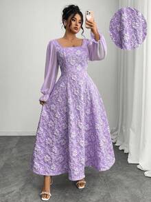 Elenzga Plus Size Women Elegant Early Autumn Chiffon Long Sleeve Jacquard A-Line Dress - Purple - View 4