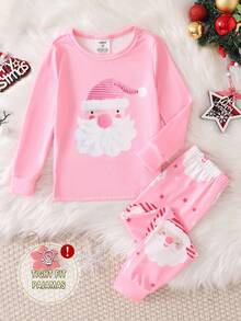 2件套女童粉色圣诞老人图案长袖长裤修身舒适睡衣套装，圣诞服装 - 粉色 - 查看 6