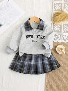 SHEIN 女婴四季字母印花 Polo 领长袖运动衫和格子裙套装，修身休闲运动服 - 灰色 - 查看 1