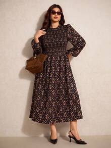 Elaquor Plus Size Elegant Minimalist Modern Urban Fashion Print Shirred Fitted Long A-Line Dress, Black, Autumn/Winter New Arrival Wedding Dress For Women - Multicolor - View 8