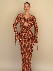 Rafferiza Women's Leopard Print Mesh 2 Pieces Set, Sexy Bodycon Skirt And Plunging Neck Top, Autumn/Winter - Multicolor - View 4