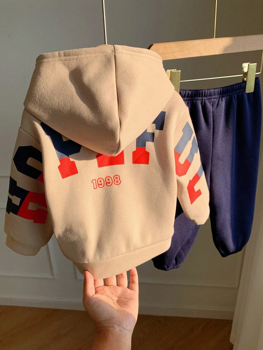 SHEIN Set de 2 piezas Chándal de niño bebé con sudadera con capucha y pantalones con gráfico de letras grandes para otoño/invierno - Multicolor - Ver 1