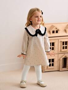 SHEIN 黑白撞色女婴荷叶边领蝴蝶结波点印花长裙，甜美优雅秋冬户外装 - 彩色 - 查看 5