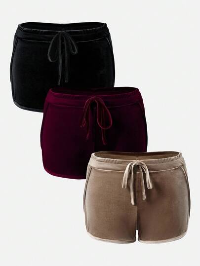 SHEIN EverLounge 3 pièces Shorts de détente en velours brillant pour femmes, style vintage confortable pour la maison, convient pour l'hiver et l'automne
