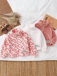 SHEIN Set de 3 sudaderas cortas con cuello alto y media cremallera, de estilo casual, con estampado de leopardo rosa y forro polar reversible, para niñas jóvenes, cálidas para otoño e invierno - Multicolor - Ver 7
