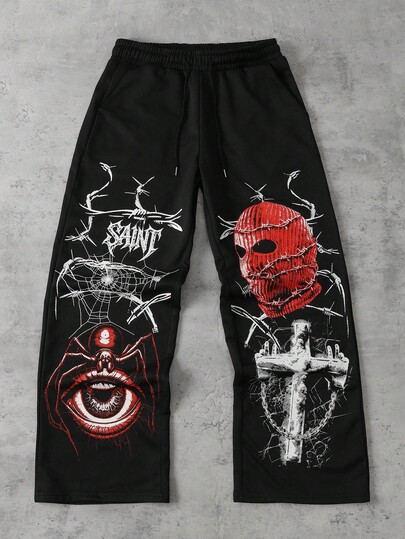 Street Life Men Eye & Cross Print Sweatpants, Retro Street Style, Fall