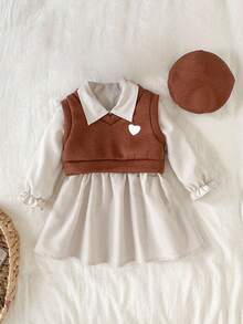 SHEIN 1 Set Girls Sweet Style Beige Shirt Dress + Brown Heart Vest, 2pcs Long Sleeve Dress Suit, Autumn/Winter - Brown - View 1