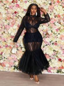 Veslaya 2025 秋冬大码女装，Y2K 街头潮流，斯德哥尔摩风格，约会之夜/派对装，优雅性感透视修身黑色蕾丝立领长袖拉链拼接鱼尾长裙 - 黑色 - 查看 5