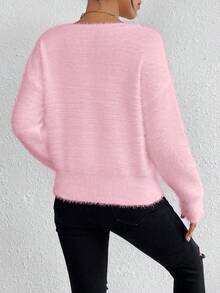 EMERY ROSE White V-Neck Casual Soft Knit Sweater, Long Sleeve Pullover Top, Autumn/Winter - Baby Pink - View 2